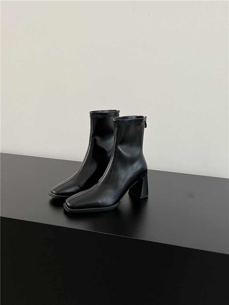 High Heel Slim Boots for Women Little Fairy2024New Year's Thick Heel Chimney Boots Internet Celebrity Fashion Chelsea Short Boots