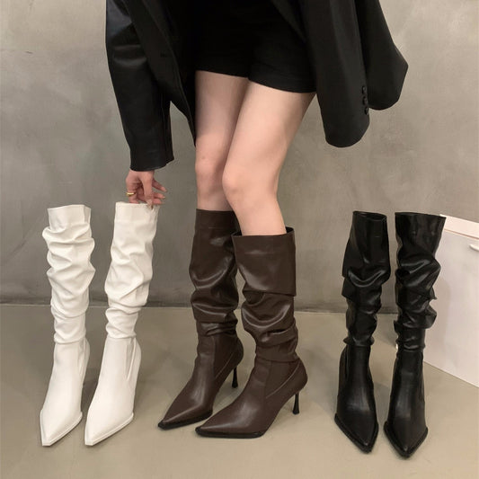 High Heel Pointed Toe Pile Long Boots Women's Shoes2024New Autumn and Winter White Slim Thin Heel Knight Mid-Length Boots