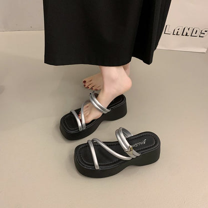Solid Color Platform Sole Slippers PU Rubber mid-heel(3-5cm)