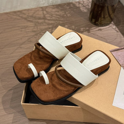 Rubber PU Medium Heel Flat Toe Slippers