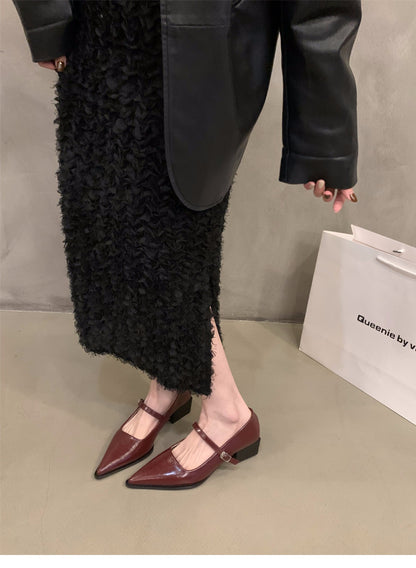 French style mid-high heel black pointed toe women's shoes2024New Spring Autumn Winter Mary Jane Evening Shoes