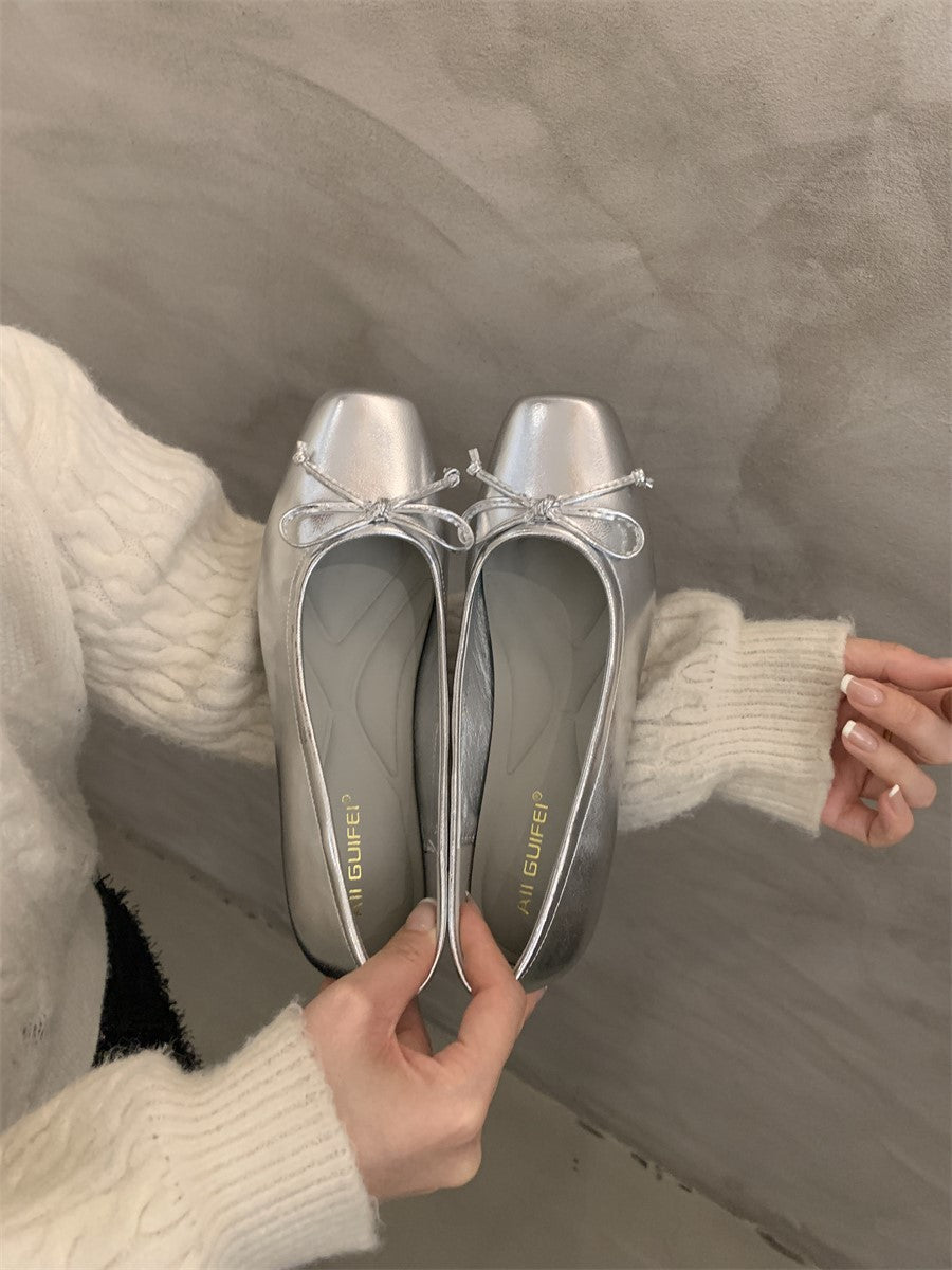 silver Flats Shallow Mouth Bowknot2024Spring New French Style Gentle Evening Breeze Flat Shoes for Women