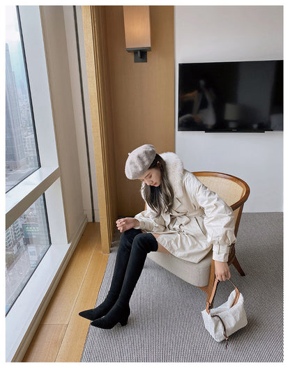 Long Boots for Women, Stretch Long Boots, Pointed Toe High Heel Boots, Over-the-Knee Boots, Suede High Boots, Khaki Color