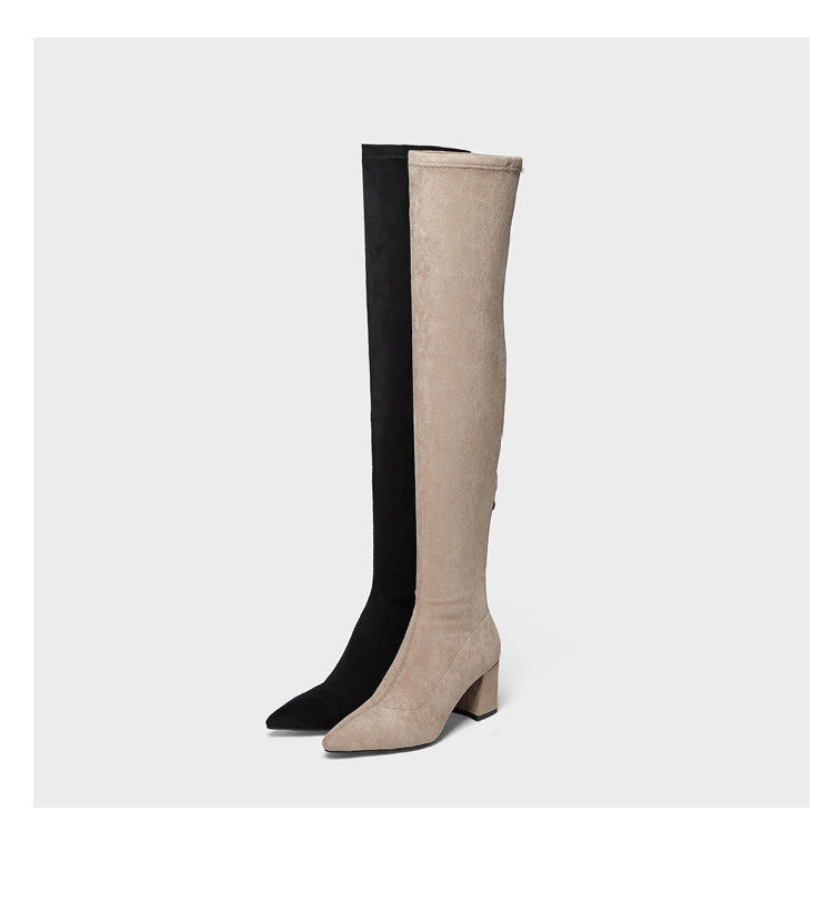 Long Boots for Women, Stretch Long Boots, Pointed Toe High Heel Boots, Over-the-Knee Boots, Suede High Boots, Khaki Color