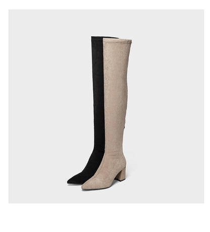 Long Boots for Women, Stretch Long Boots, Pointed Toe High Heel Boots, Over-the-Knee Boots, Suede High Boots, Khaki Color
