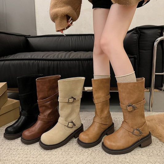 Artificial Short Plush Round Toe Slip-On Mid-Calf Boots PU Chunky Rubber Mid Heel(3-5cm)