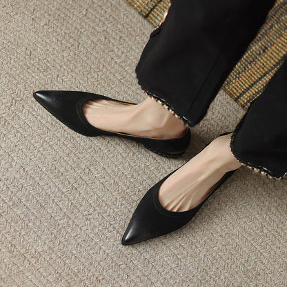 French Retro Color-Washed Pointed Toe Shallow Mouth Women's Shoes2023Spring new style comfortable soft leather thick heel low heel shoes