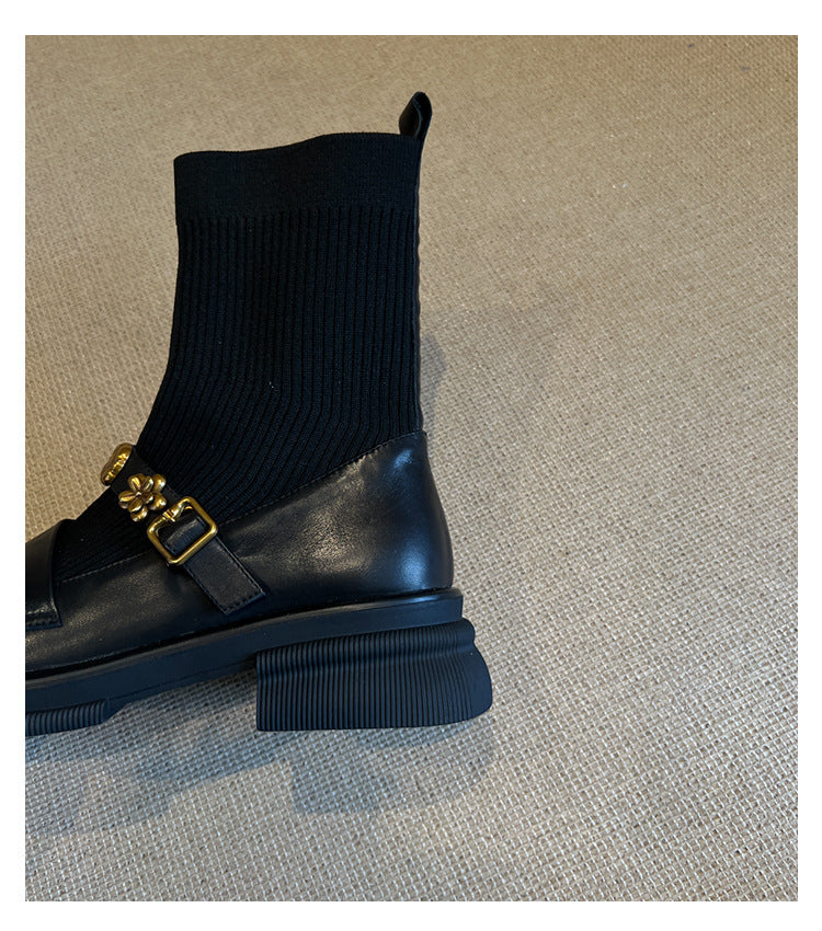 Thick-Soled Metal Buckle Elastic Short Boots Retro College Style Knitted Slim Boots Women Versatile Loafers Sock Boots