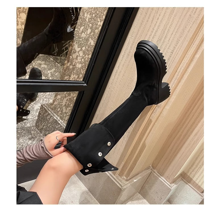 2025New Retro Small Western Boots for Women, Autumn and Winter Fleece-Lined Over-the-Knee Long Boots, Brown Long Boots, Riding Boots