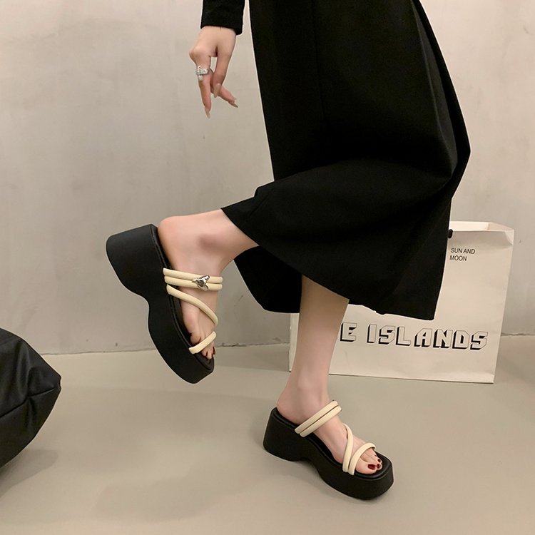 Solid Color Platform Sole Slippers PU Rubber mid-heel(3-5cm)