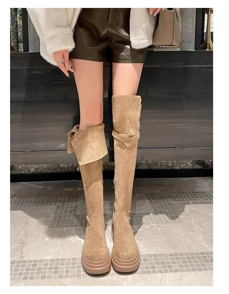 2025New Retro Small Western Boots for Women, Autumn and Winter Fleece-Lined Over-the-Knee Long Boots, Brown Long Boots, Riding Boots