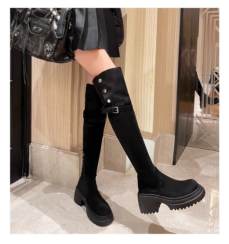 2025New Retro Small Western Boots for Women, Autumn and Winter Fleece-Lined Over-the-Knee Long Boots, Brown Long Boots, Riding Boots