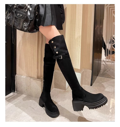 2025New Retro Small Western Boots for Women, Autumn and Winter Fleece-Lined Over-the-Knee Long Boots, Brown Long Boots, Riding Boots