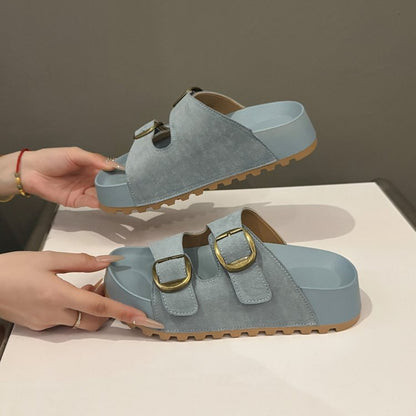 Solid Color Rubber Mid Heel(3-5cm)Platform Sole Suede Slippers