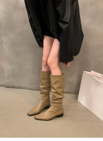 Chunky Heel Ruched Slouchy Long Tube Riding Boots for Women2024New Spring and Autumn Western Slim Mid-Calf Long Boots