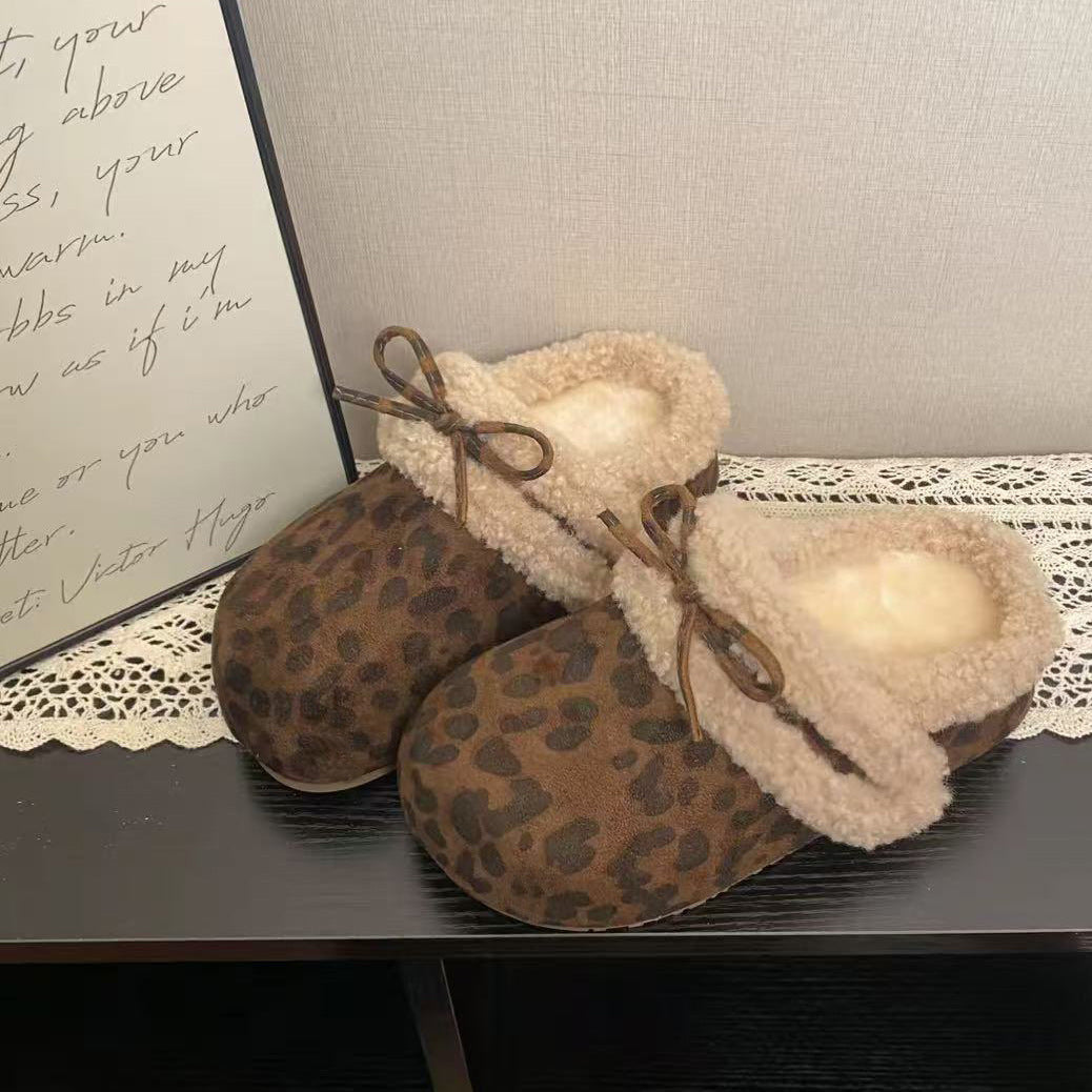 2025New Autumn and Winter Style Elegant Internet Celebrity Bow Cotton Slippers Light Luxury Retro Style Simple Versatile Closed-Toe Slippers