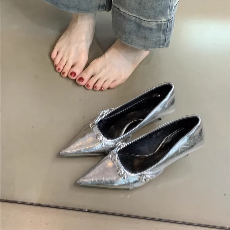 French-style Niche High Heels Women's Shoes2024New style elegant black pointed toe shallow mouth commuter shoes