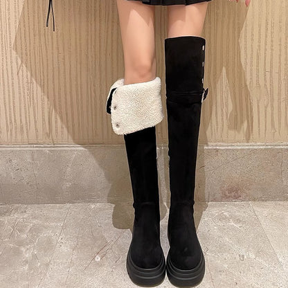 2025New Retro Small Western Boots for Women, Autumn and Winter Fleece-Lined Over-the-Knee Long Boots, Brown Long Boots, Riding Boots