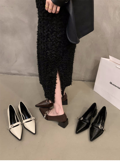 French Style Mary Jane Leather Shoes for Women2024New Spring Autumn Winter Black Pointed High Heels Single Shoes