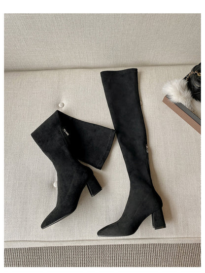 Long Boots for Women, Stretch Long Boots, Pointed Toe High Heel Boots, Over-the-Knee Boots, Suede High Boots, Khaki Color