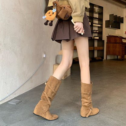 2025New Retro Matte Height-Increasing6cm~Korean Style Round Toe Buckle Strap Soft Wrinkled Slimming High Boots for Women Autumn