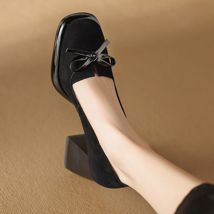 2024Spring New Style Bowknot Matte Chunky Heel Pumps for Women Shallow Mouth Waterproof Platform Chunky Heel Pumps