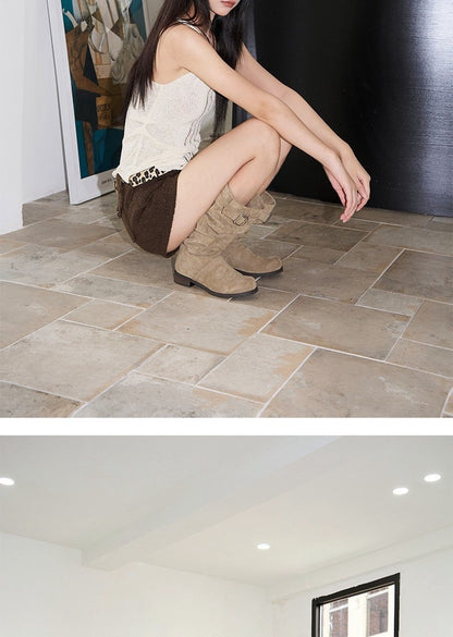 Long Boots for Women Retro Western Cowboy Boots Two-Way Short Boots Chunky Heel Riding Boots Ruched Slouch Boots