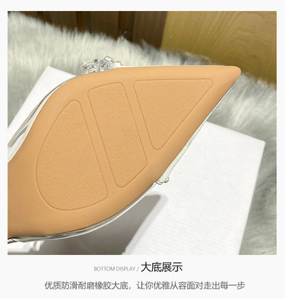 Women's Closed-Toe Sandals for Spring and Summer2023New Year's New French Transparent Pointed Toe Small Heel White High Heels Stiletto Single Shoes