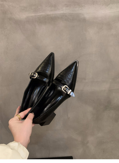 French Style Mary Jane Leather Shoes for Women2024New Spring Autumn Winter Black Pointed High Heels Single Shoes