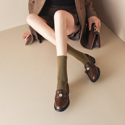Left Bank Paris～！Chunky Heel British Style Gold Buckle Loafers for Women, Patent Leather Black Single Shoes