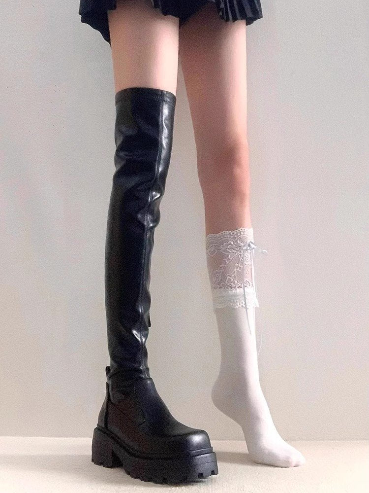Over-the-Knee Long Boots for Women, French Style High Boots, Leg-Wrapping Elastic Slim Boots, Thick-Soled Leather Boots, Riding Boots