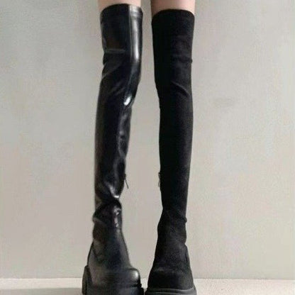 Over-the-Knee Long Boots for Women, French Style High Boots, Leg-Wrapping Elastic Slim Boots, Thick-Soled Leather Boots, Riding Boots