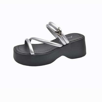 Solid Color Platform Sole Slippers PU Rubber mid-heel(3-5cm)