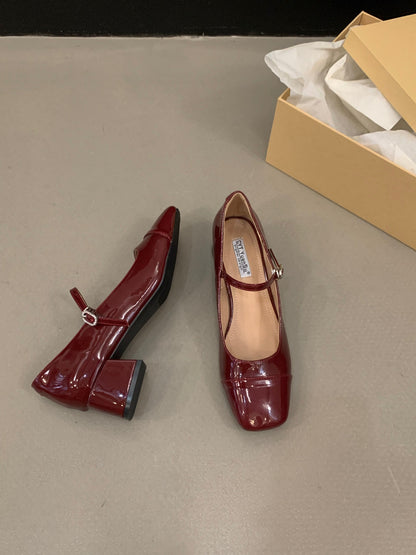 Women's Red Chunky Heel Shoes2023 New Summer Mid-High Heels silver Mary Jane Shoes for Dresses Evening Shoes