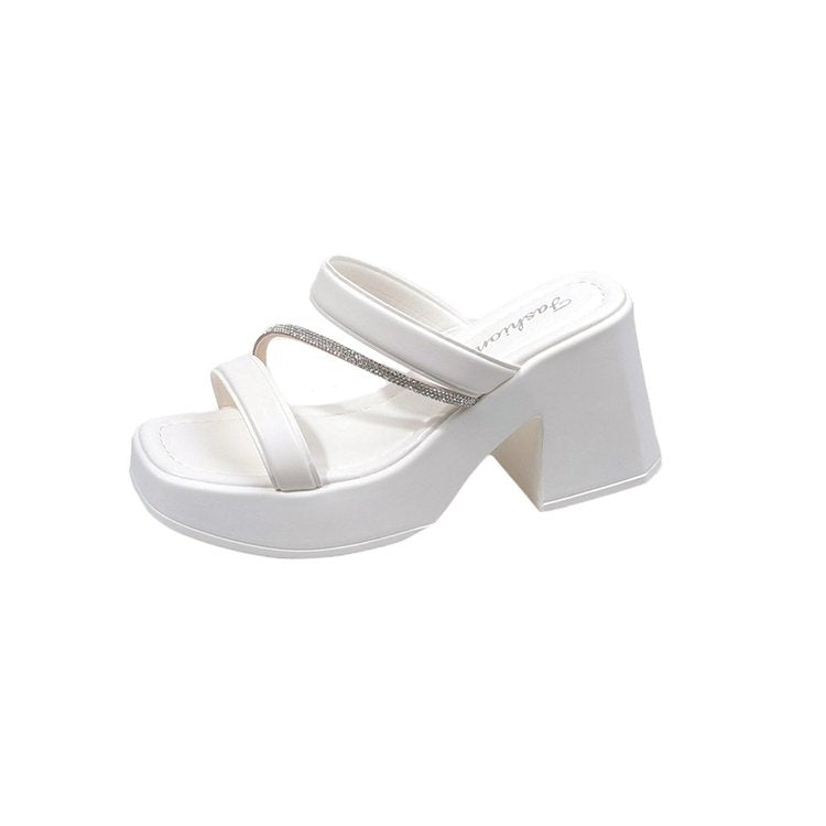 Solid Color Rubber Chunky Heel PU High Heel Slippers