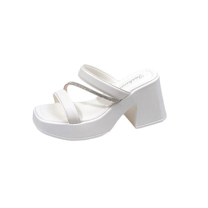 Solid Color Rubber Chunky Heel PU High Heel Slippers