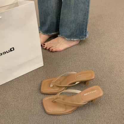 French-style Flip-flops Toe-post Sandals Fairy Shoes for Summer Outdoor Wear2024New simple thong high-heeled sandals