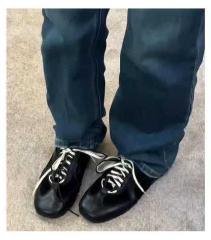 2025Spring and Autumn Retro Black Lace-up Shoes for Women, Height-increasing Casual Sneakers, Trendy Sports Shoes