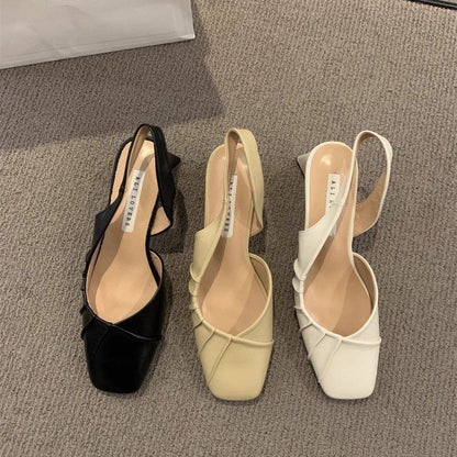 2024Spring Summer New High Heel Closed Toe Backless Sandals Women's Shoes Chunky Heel Shallow Mouth French Gentle Style Single Shoes Women's Shoes