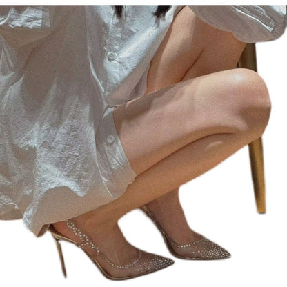 Women's Shoes2023New Summer Thin Heel Pointed Toe Shallow Mouth Diamond Closed-Toe Transparent High Heels Elegant Socialite Single Shoes for Women