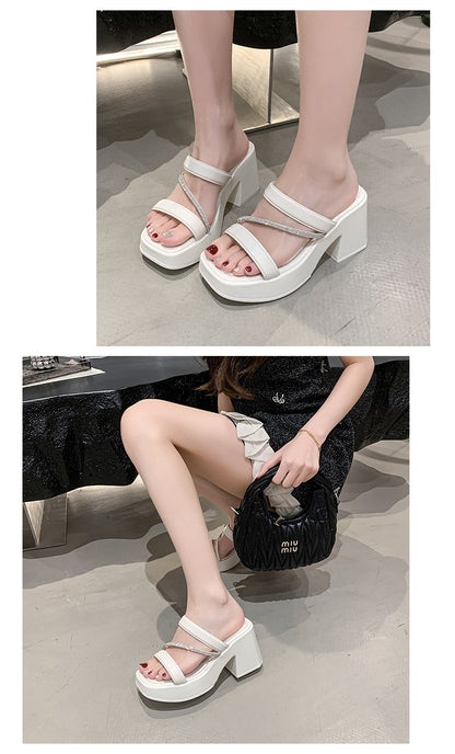 Solid Color Rubber Chunky Heel PU High Heel Slippers
