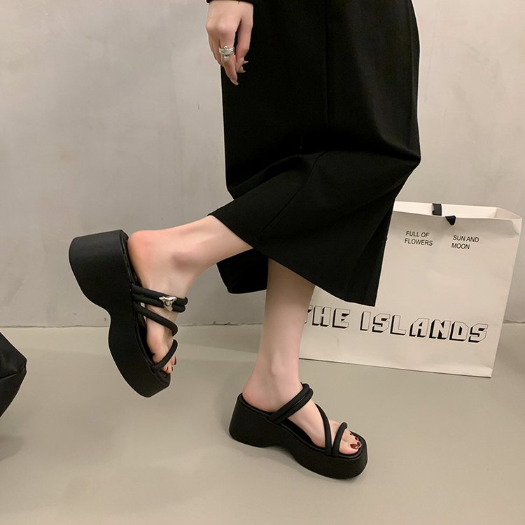 Solid Color Platform Sole Slippers PU Rubber mid-heel(3-5cm)