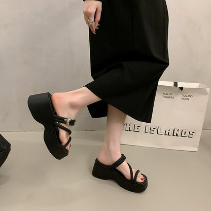 Solid Color Platform Sole Slippers PU Rubber mid-heel(3-5cm)