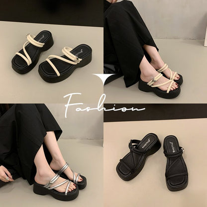 Solid Color Platform Sole Slippers PU Rubber mid-heel(3-5cm)