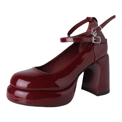 French style red high heels for women2024New Year's New Matching Skirt Temperament Thick Heel Mary Jane Shoes