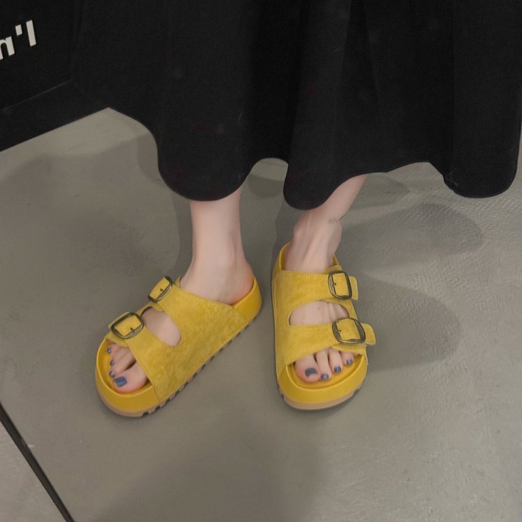 Solid Color Rubber Mid Heel(3-5cm)Platform Sole Suede Slippers