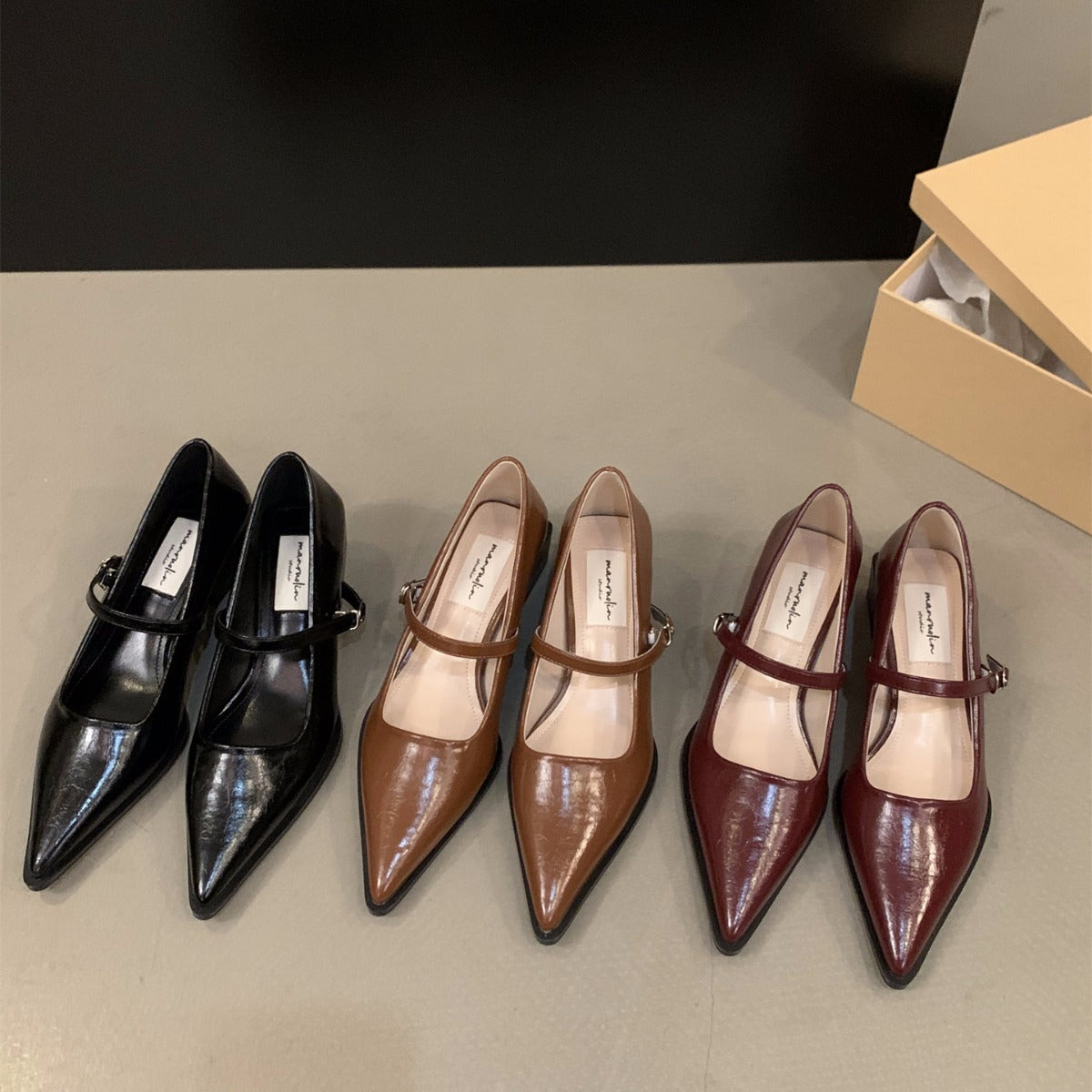 French style mid-high heel black pointed toe women's shoes2024New Spring Autumn Winter Mary Jane Evening Shoes