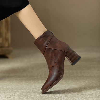 Women's Chunky Heel Ankle Boots2024New High Heel Winter Brown Slim Boots British Style Retro Martin Boots