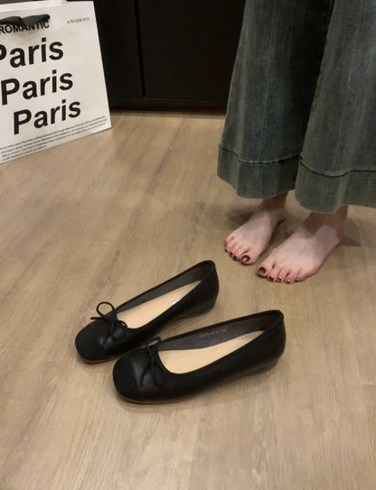 Women's French Style Shoes with Hidden Wedge2025Spring and Autumn New Suede Bowknot Slip-On Light Mouth Apricot Evening Shoes