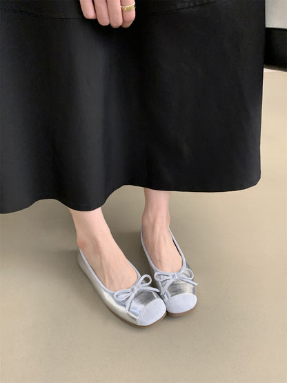 Round Toe Shallow Mouth Single Shoes for Women, Spring and Autumn New Soft Leather Ballet Fairy Style Gentle Slip-On Soft Flat Loafers